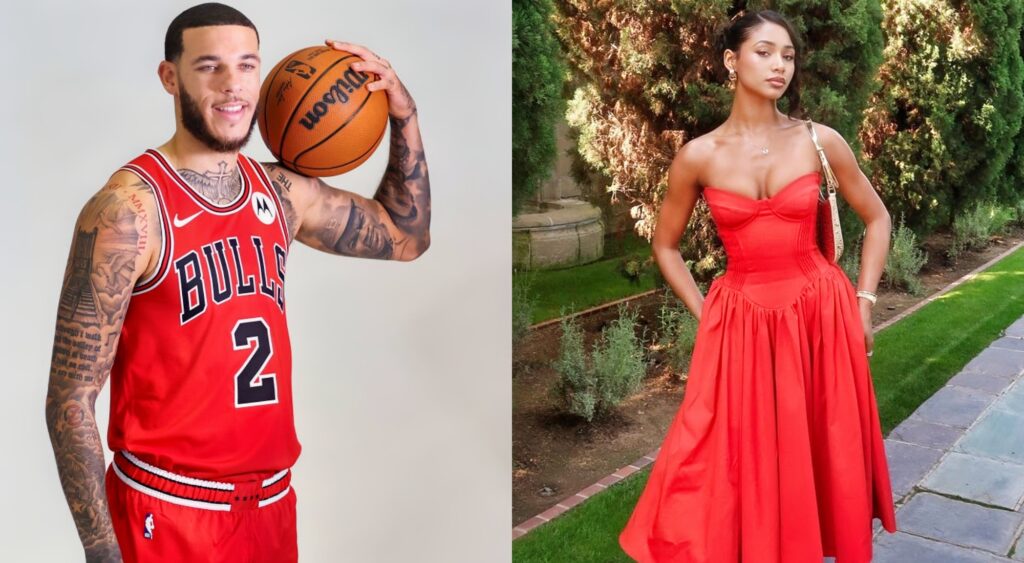 Lonzo Ball holding basketball and Ally Rossel posing in red dress