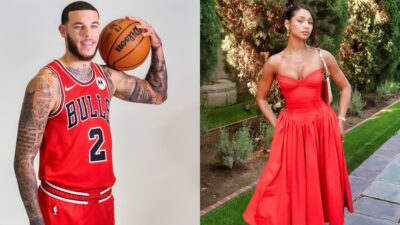 Lonzo Ball holding basketball and Ally Rossel posing in red dress