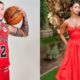 Lonzo Ball holding basketball and Ally Rossel posing in red dress