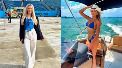 Mary-Kate Wichalonis posing at Titans stadium and on boat in bikini