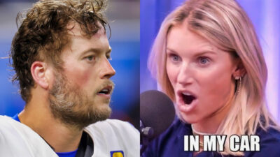 Photo of Matthew Stafford Staring and photo of Kelly Stafford speaking