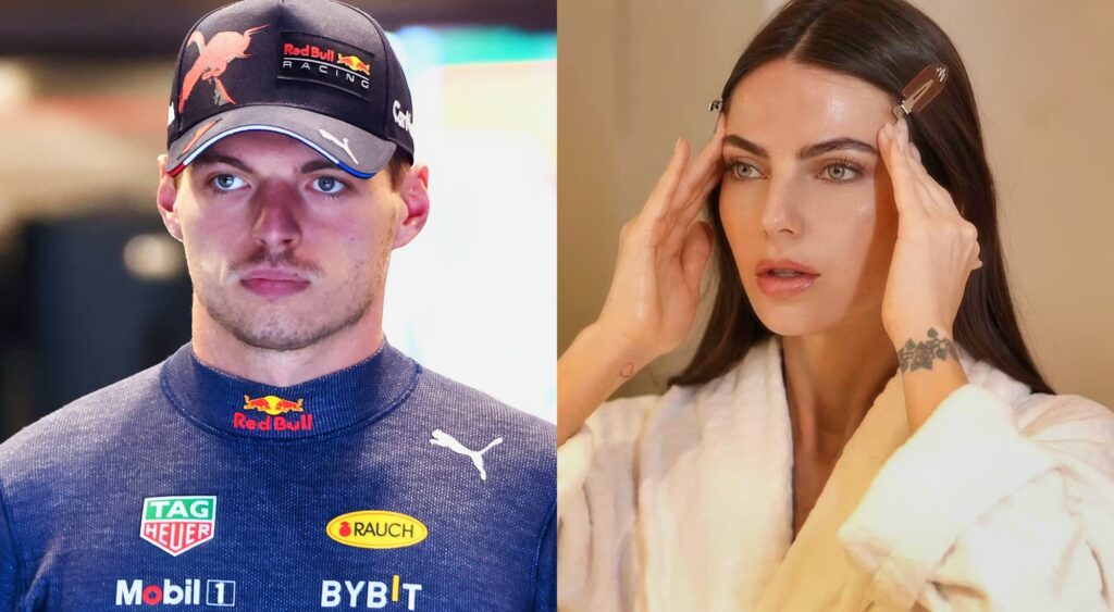 Max Verstappen in the Red Bull garage and Kelly Piquet rubbing her face.