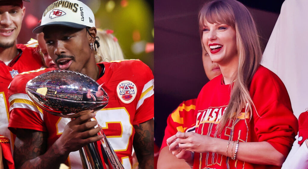 Mecole Hardman holding Lombardi Trophy (left) and Taylor Swift (right)