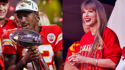 Mecole Hardman holding Lombardi Trophy (left) and Taylor Swift (right)