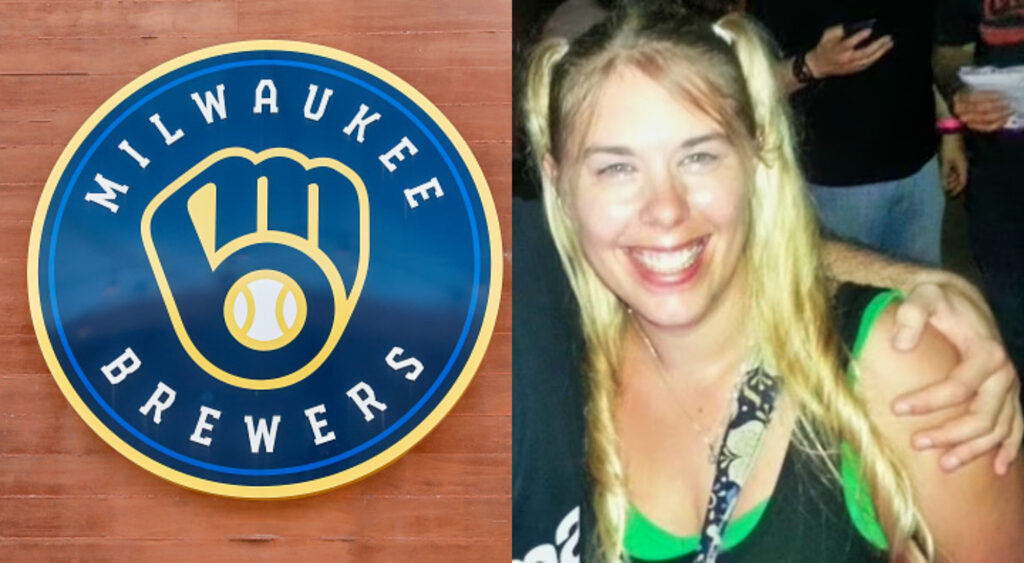 Photo of Milwaukee Brewers logo and photo of Aimee betro smiling