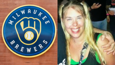 Photo of Milwaukee Brewers logo and photo of Aimee betro smiling