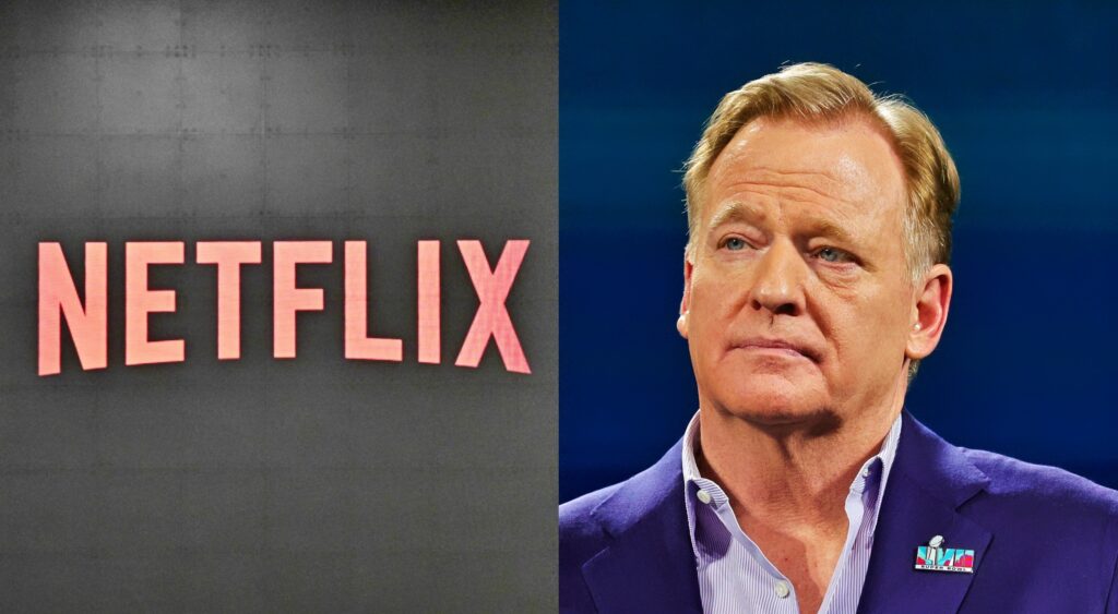 Netflix logo shown (left). NFL commissioner Roger Goodell (right). 
