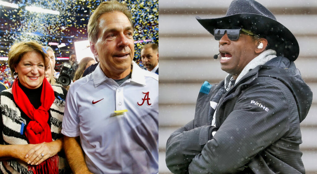 Nick and Terry Saban (left), Deion Sanders (right)