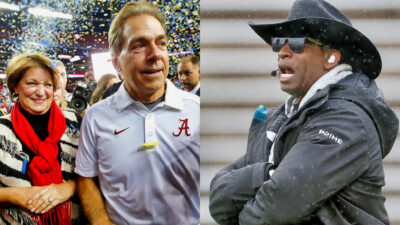 Nick and Terry Saban (left), Deion Sanders (right)