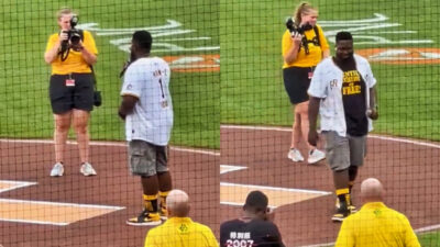 Photos of man singing National Anthem at Pittsburgh Pirates game