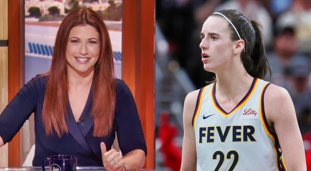 Rachel Nichols on the set and Caitlin Clark looking on during a game.