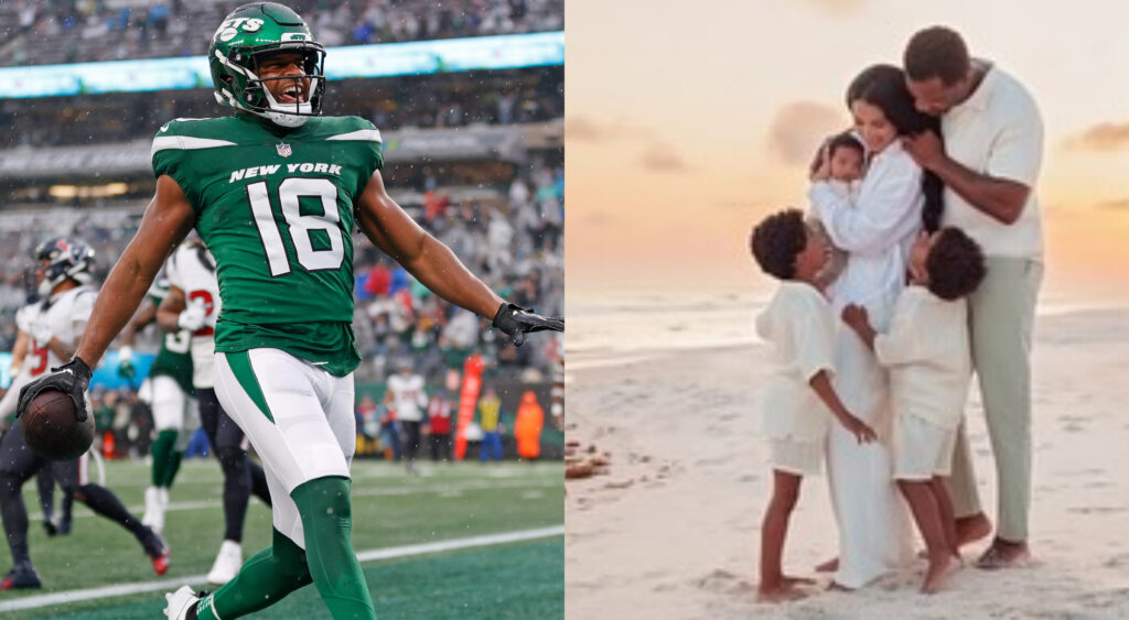 Randall Cobb scoring touchdown (left) and Randall Cobb posing with his family (right)