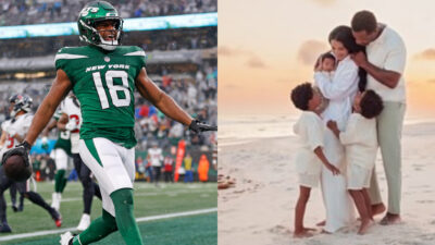 Randall Cobb scoring touchdown (left) and Randall Cobb posing with his family (right)