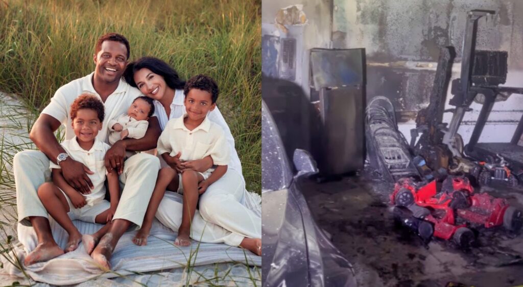 Randall Cobb with his wife and kids at the beach, and the aftermath of the fire that burned down his house.