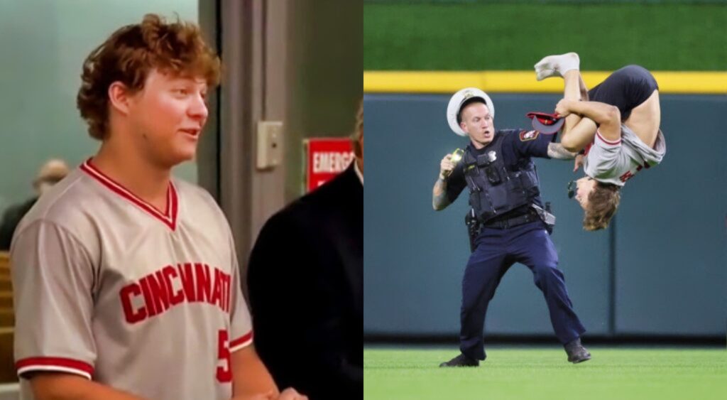 Cincinnati Reds fan in court and Reds fan doing a backflip in front of a police officer on the field.