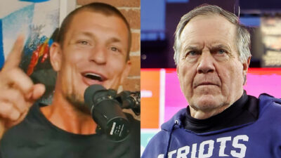 Rob Gronkowski speaking (left), Bikk Belichick in Patriots hoodie (right)