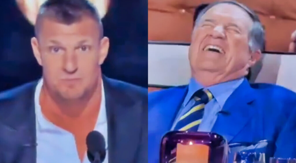 Rob Gronowski in front of a mic (left) and Bill Belichick laughing (right)