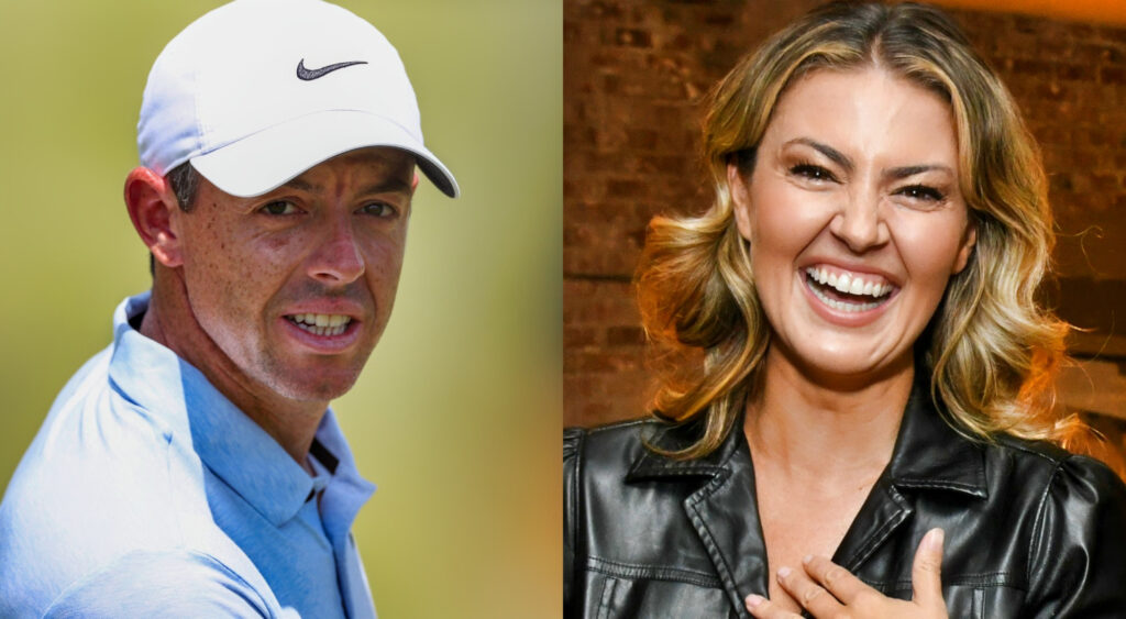 Rory McIlroy weaing Nike hat (left), Amanda Balionis laughing (right)