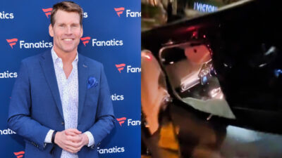 Photo of Scott Hanson smiling and photo of flipped car