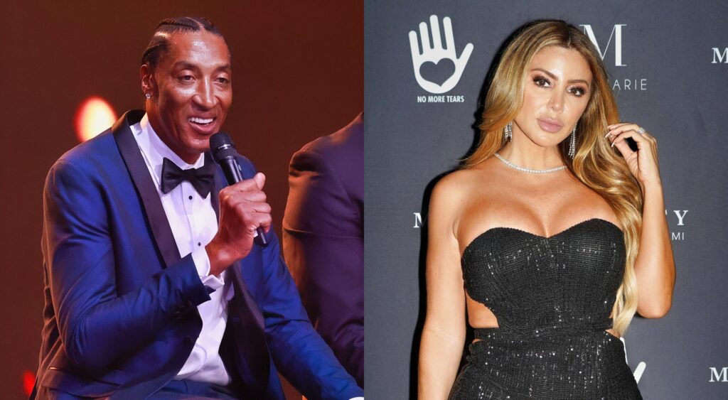 Scottie Pippen talking on a mic and Larsa Pippen posing on the red carpet.