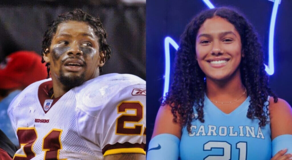 Sean Taylor looks on during a game and his daughter Jackie posing in her UNC volleyball uniform.