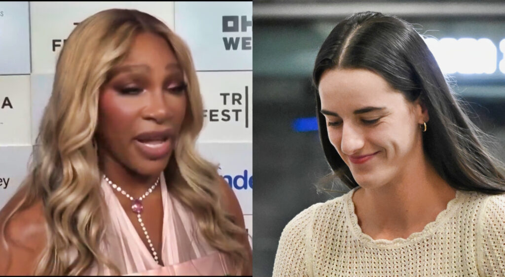 Serena Williams speaking (left) and Caitlin Clark smiling (right)
