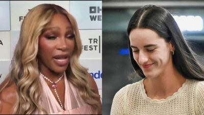 Serena Williams speaking (left) and Caitlin Clark smiling (right)