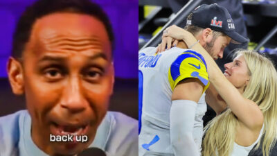 Stephen A. Smith speaking (left), Mathew and Kelly Stafford embracing (right)