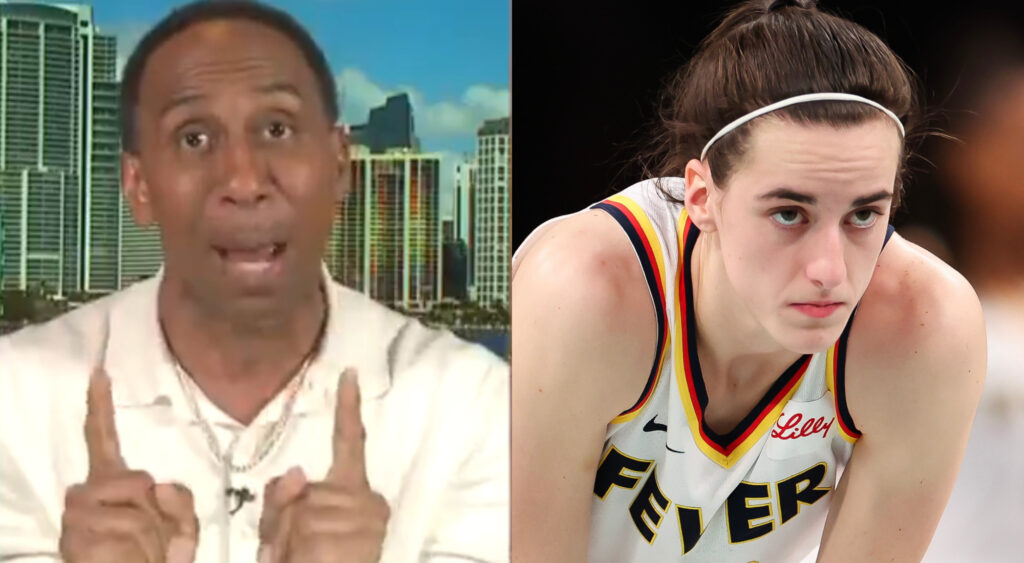 Stephen A Smith speaking (left0 Caitlin Clark in Fever jersey (right)