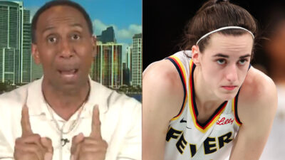 Stephen A Smith speaking (left0 Caitlin Clark in Fever jersey (right)