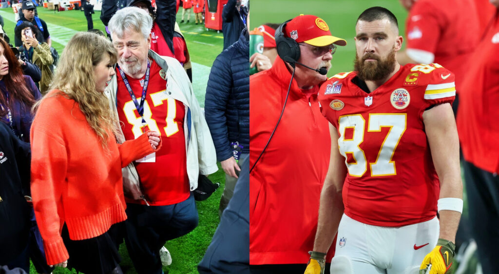 Taylor Swift speaking to Travis Kelce's father (left), Travis Kelce staring (right)