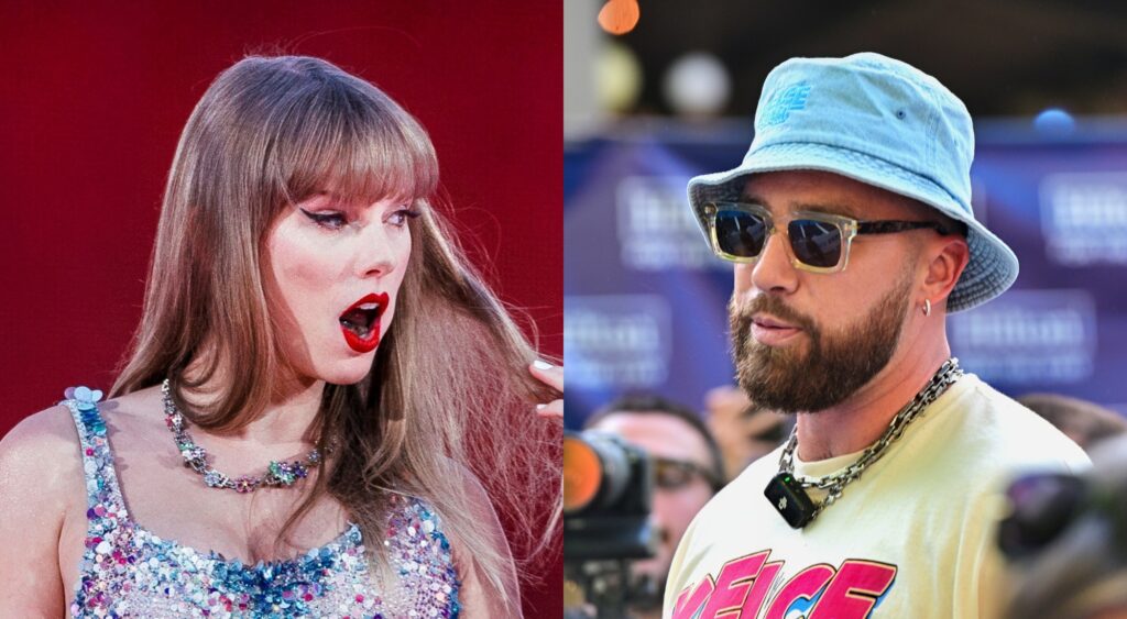 Taylor Swift performs at a concert and Travis Kelce looks on with a hat and sunglasses.