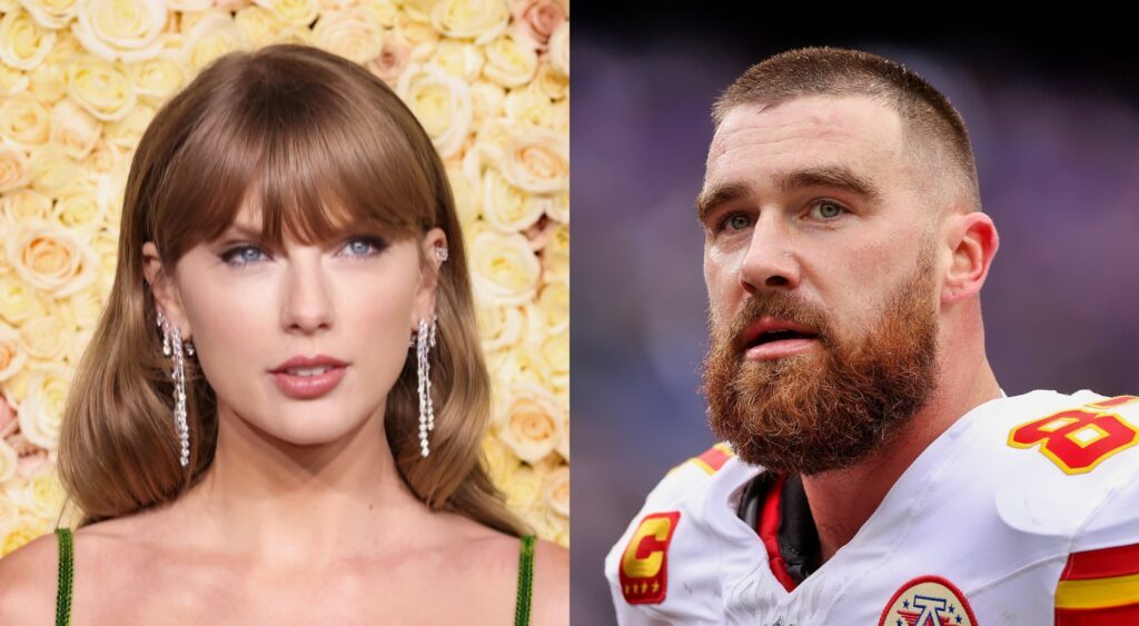 Taylor Swift poses on the red carpet and Travis Kelce looks on from the field.