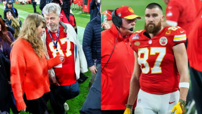 Taylor Swift speaking to Travis Kelce's father (left), Travis Kelce staring (right)