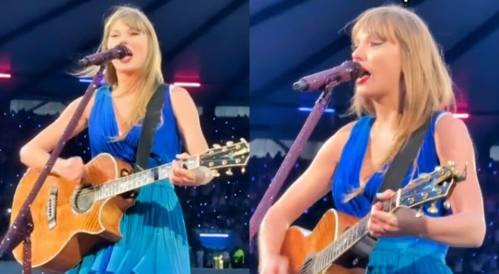 Taylor Swift playing guitar on stage