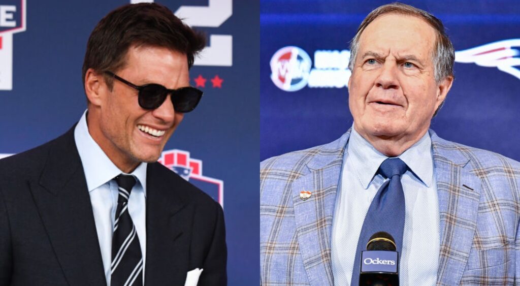 Tom Brady in suit and smiling and Bill Belichick talking to reporters