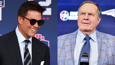 Tom Brady in suit and smiling and Bill Belichick talking to reporters