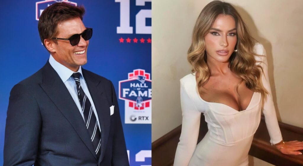 Tom Brady smiling while in suit and Isabella Settani posing in white dress
