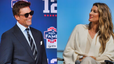 Photo of Tom Brady smiling and photo of Gisele Bundchen looking to her right