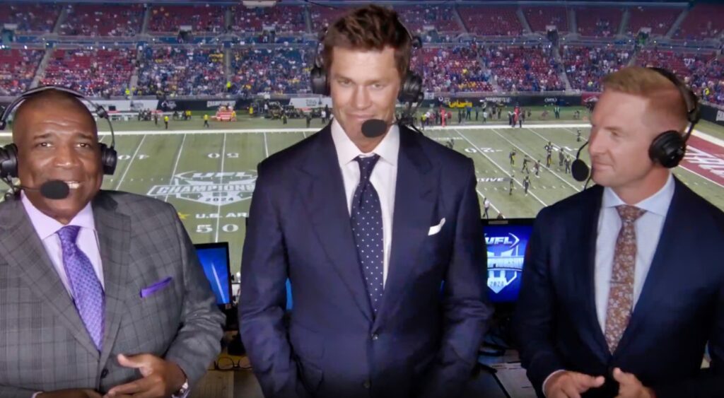 Tom Brady in booth with Curt Menefee (play-by-play), Joel Klatt (analyst) 