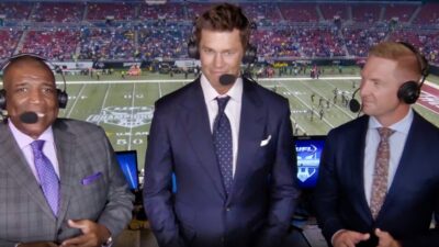 Tom Brady in booth with Curt Menefee (play-by-play), Joel Klatt (analyst)