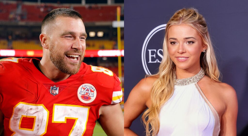 Travis Kelce smiling after a game and Olivia Dunne posing on the red carpet.