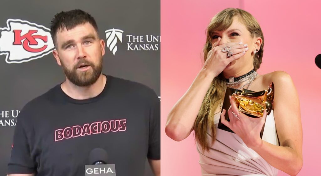 Travis Kelce speaks at a press conference and Taylor Swift covers her mouth in shock at an awards ceremony.
