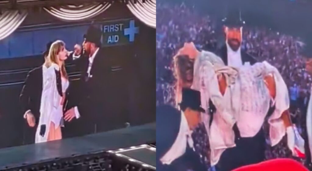 Travis Kelce and Taylor Swift on stage