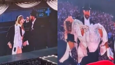 Travis Kelce and Taylor Swift on stage