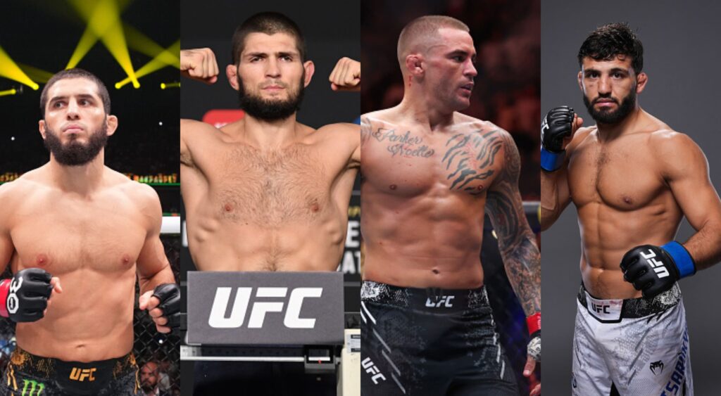 Islam Makhachev, Khabib Nurmagomedov, Dustin Poirier, and Arman Tsarukyan