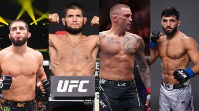 Islam Makhachev, Khabib Nurmagomedov, Dustin Poirier, and Arman Tsarukyan