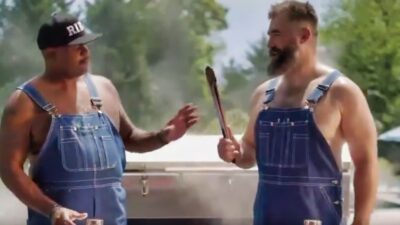 Vince Wilfork and Jason Kelce in commercial in overalls