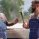 Vince Wilfork and Jason Kelce in commercial in overalls
