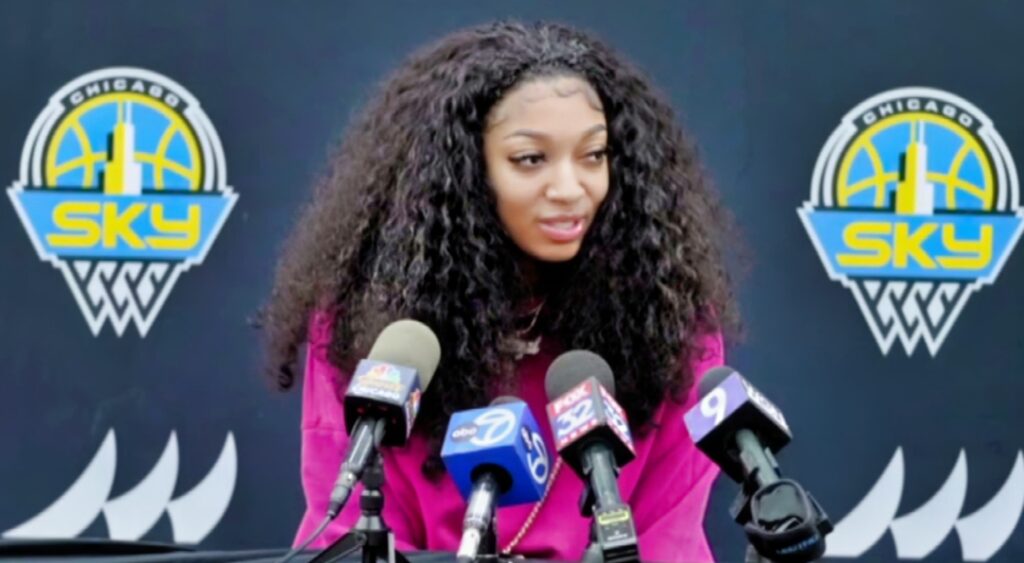 Angel Reese at a press conference.